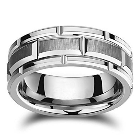 Men's Tungsten Wedding Band (8mm). Silver Tone Brick Pattern Tungsten Ring. - Picture 2 of 3